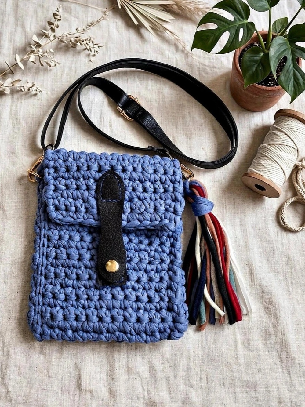 Crochet Crossbody Bag in Blue & Black New